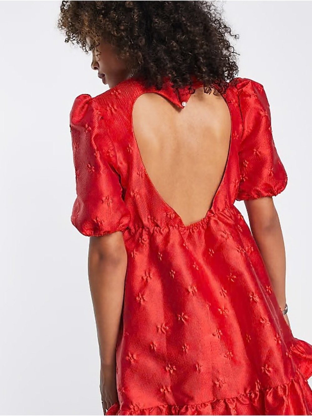 Sister Jane Floral Jacquard Red Heart-Back Puff Sleeve Dress